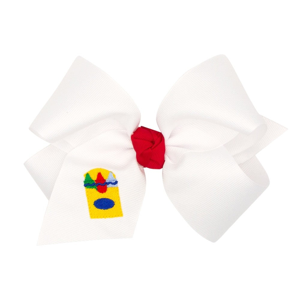 Wee Ones Girls Hair Bow on Clip - White with Embroidery Crayon Box