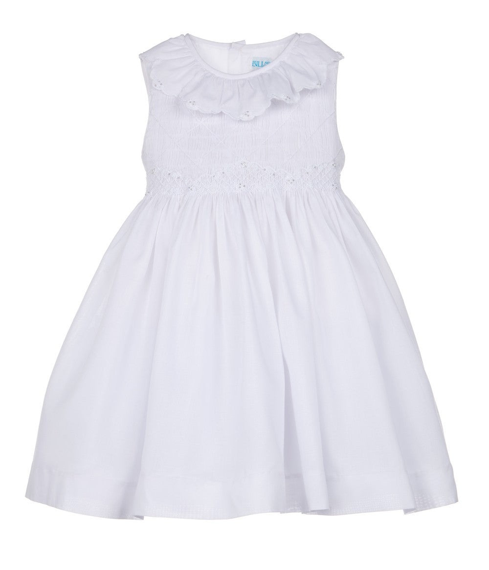 Luli & Me Girls Sleeveless White Fully Smocked Bodice Dress - Ruffle Neck & Sash