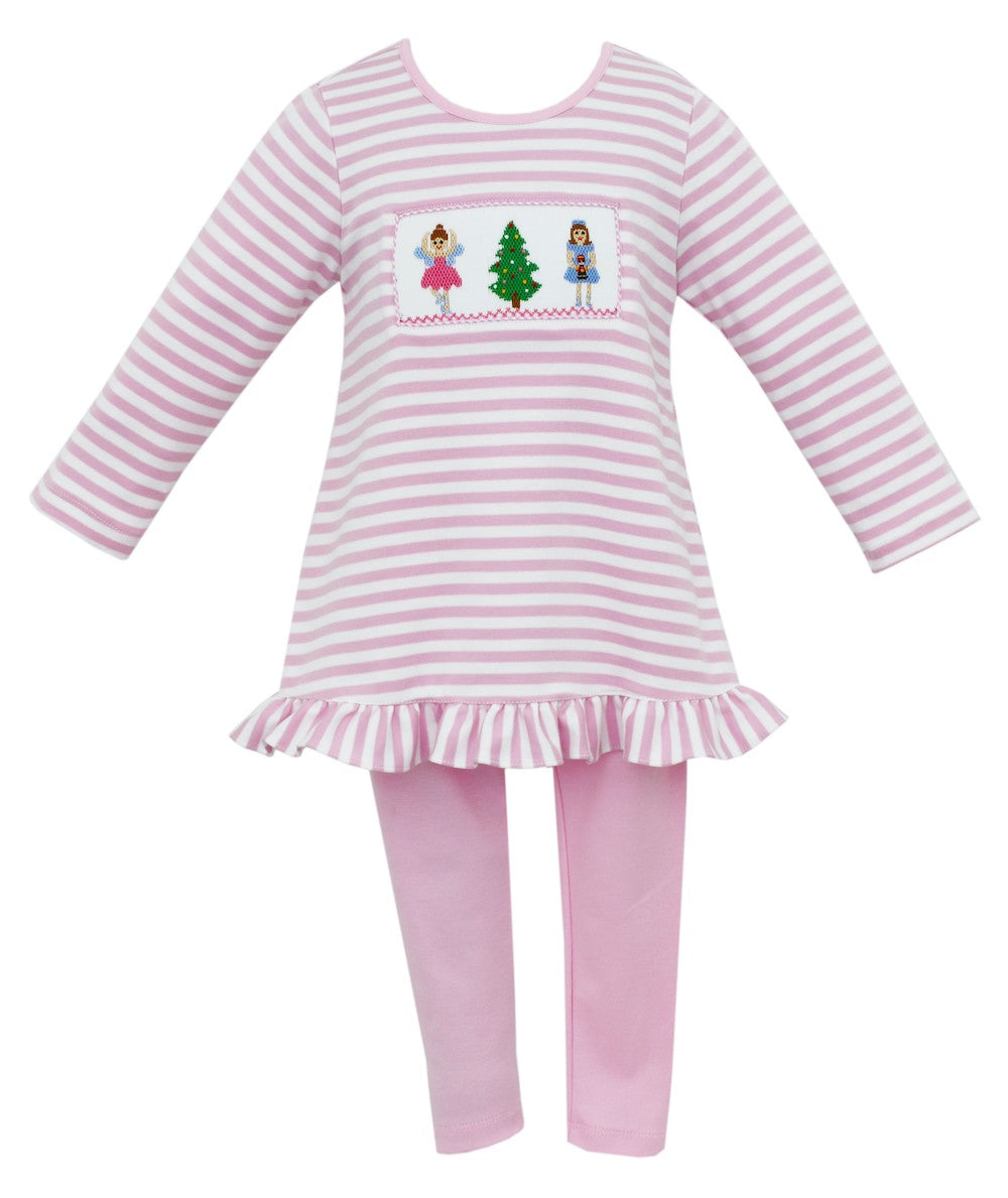 Anavini Girls Pink Stripe Top - Smocked Christmas Nutcracker Ballet - Solid Leggings by Anavini