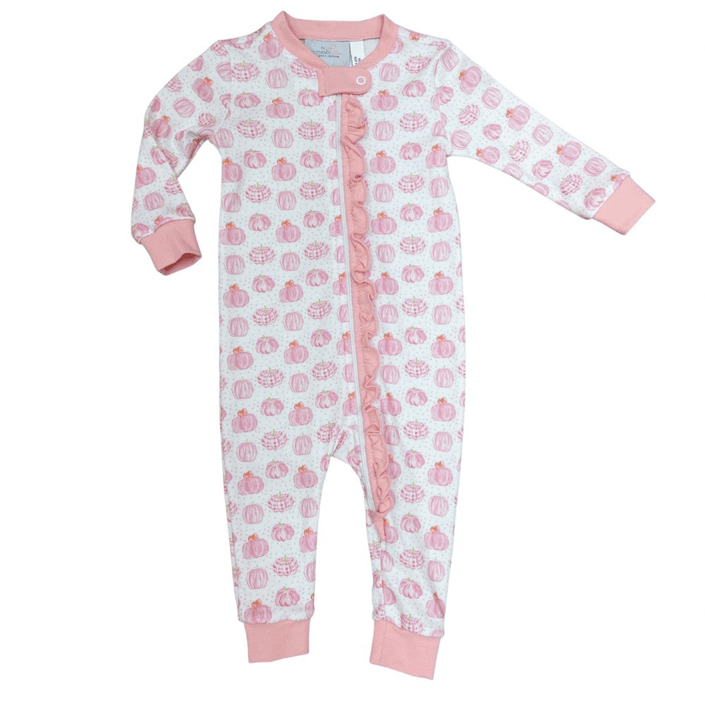 James & Lottie Girls One Piece Zip Up Jammies - Pumpkins - Pink