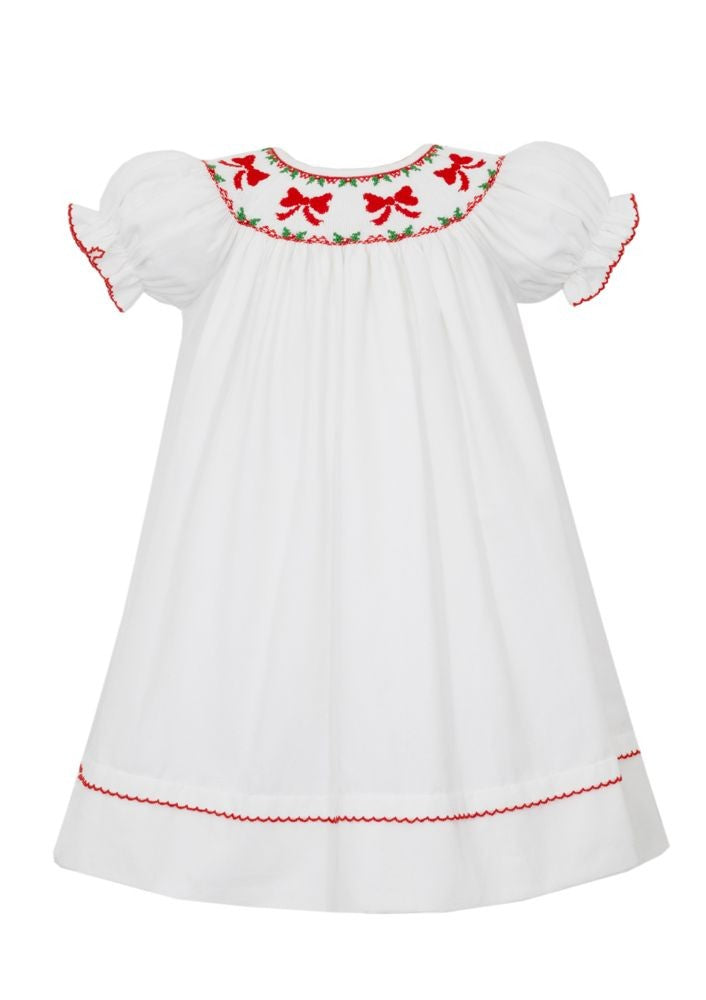 Anavini Couture Baby Girls Winter White Corduroy Bishop Dress - Smocked Red Bows