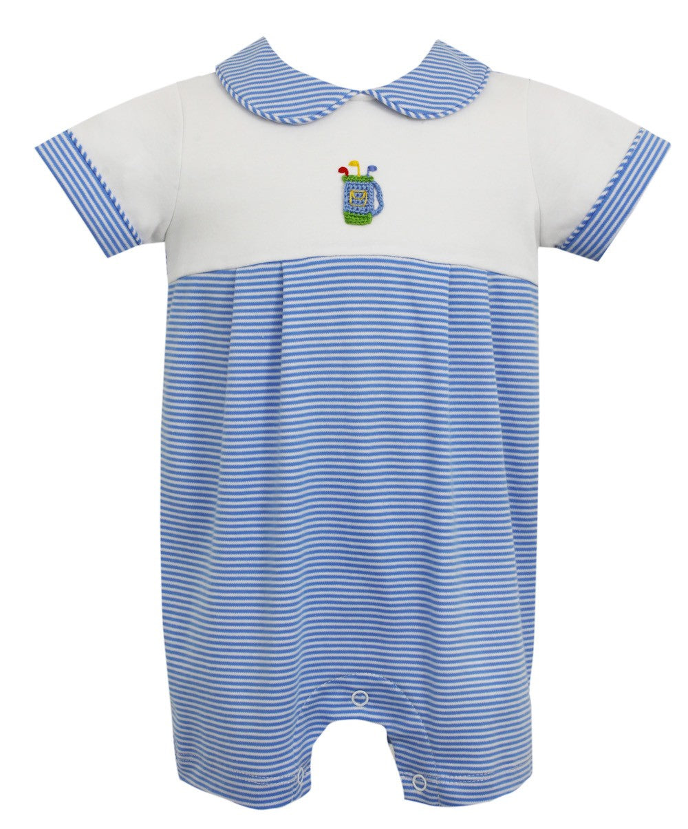 Petit Bebe Knits Baby / Toddler Boys Blue Stripe Crochet Golf Bag Romper