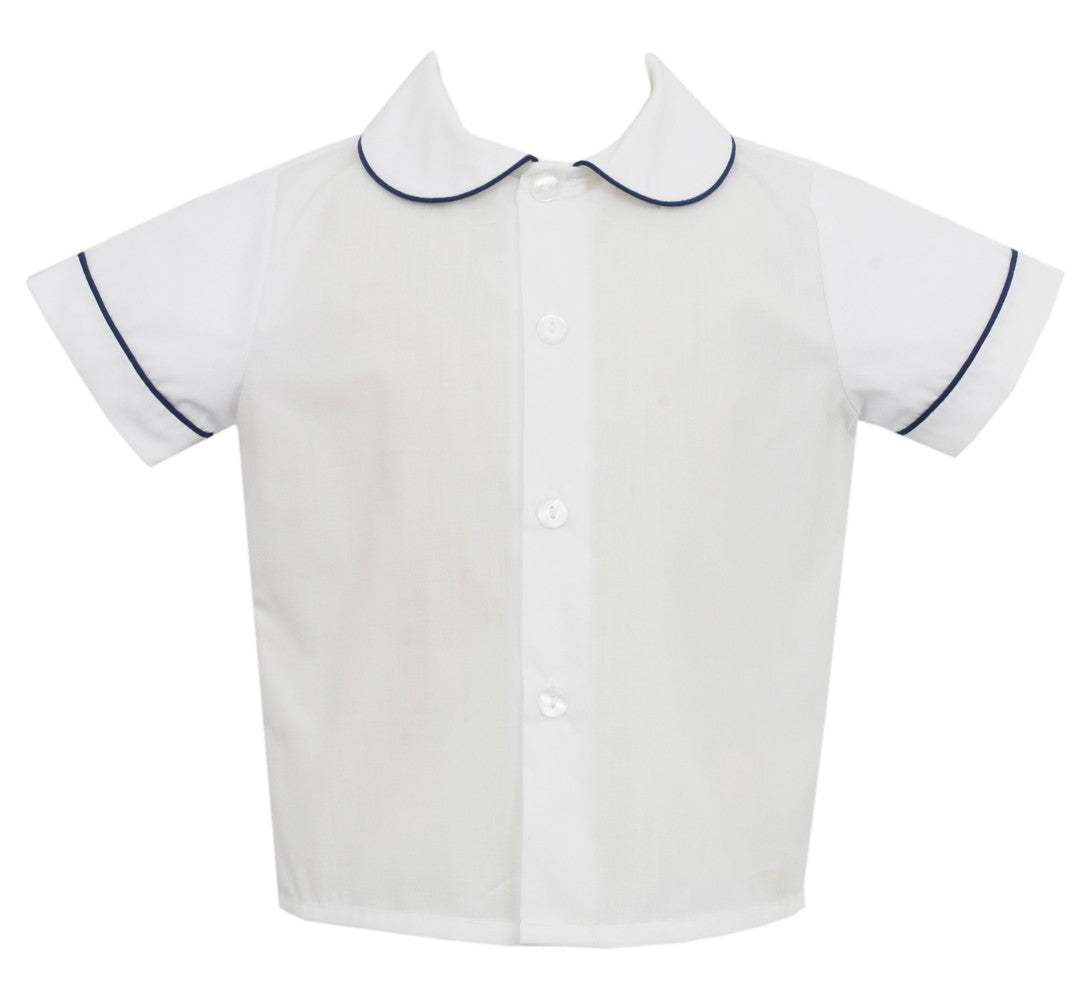 Anavini Baby / Toddler Boys White Peter Pan Collar Shirt - Short Sleeves - Piped in Navy Blue