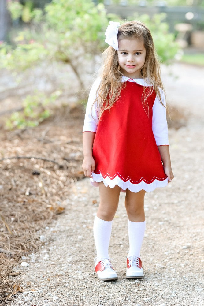 Proper Peony Girls Corduroy Jumper Dress - Hazel Scallop - Red by Proper Peony