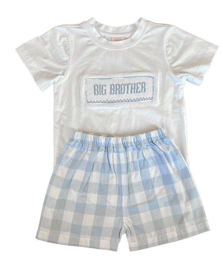 Shop Teeta Boys Blue Check Smocked Big Brother Shorts Set by Shop Teeta