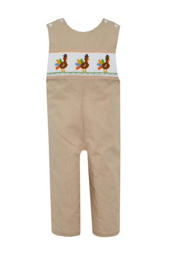 Anavini Velani Boys Khaki Tan Gingham Longall - Smocked Thanksgiving Turkeys by Anavini
