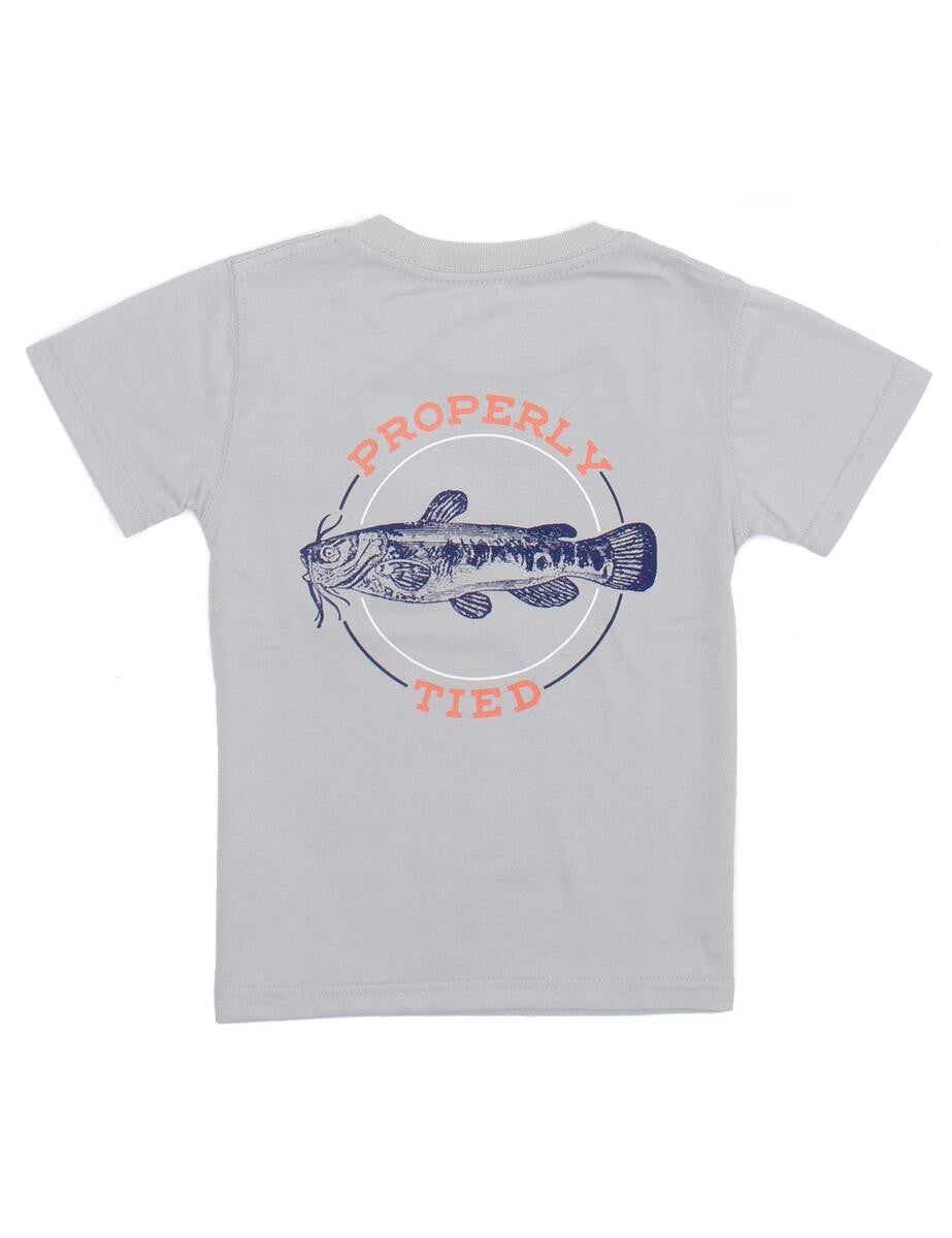 Properly Tied T-Shirt - Logo Pocket on Front - Back Graphic - Ice Grey Catfish by Properly Tied