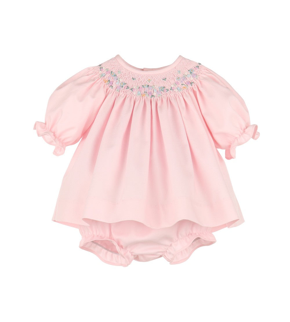 Luli & Me Baby Girls Floral Wreath Smocked Bishop Dress - Pink