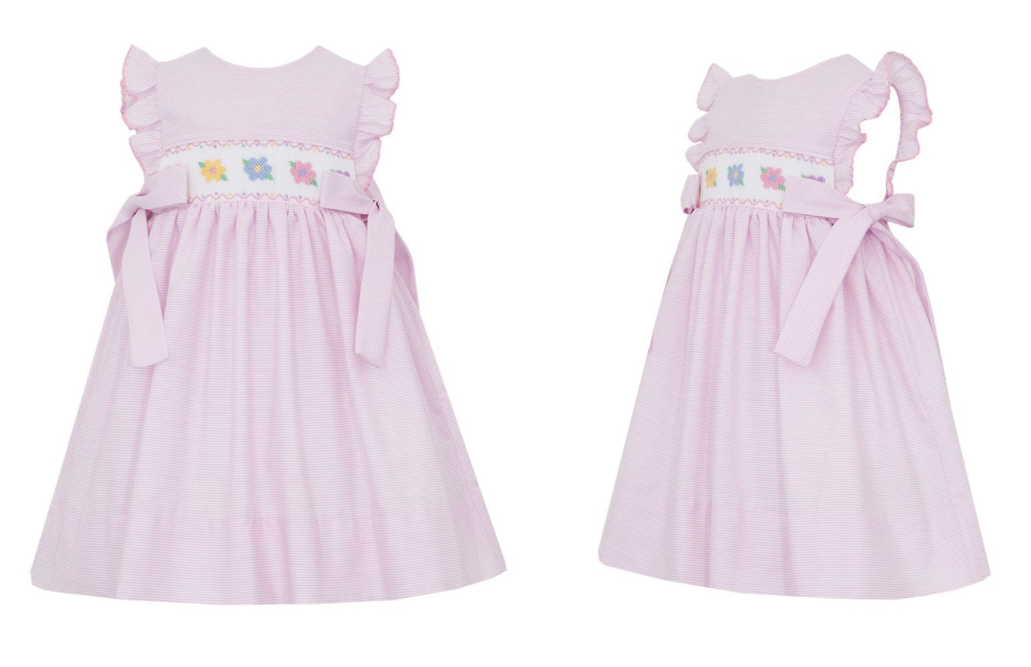 Petit Bebe Girls Pink Striped Smocked Flowers Dress with Side Bows