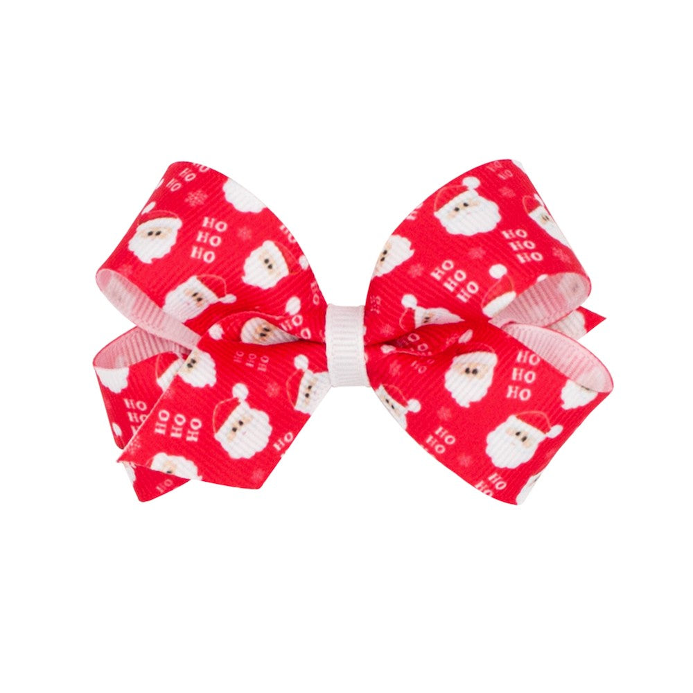 Wee Ones Girls Grosgrain Holiday Print Hair Bow - Red Santa Claus HO HO HO