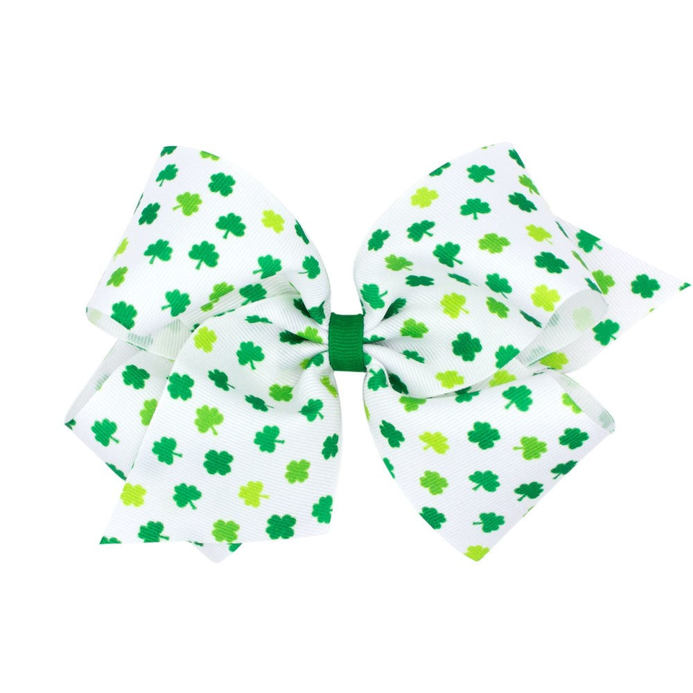 Wee Ones Girls Hair Bow on Clip - Tiny Green Shamrocks on White Bow