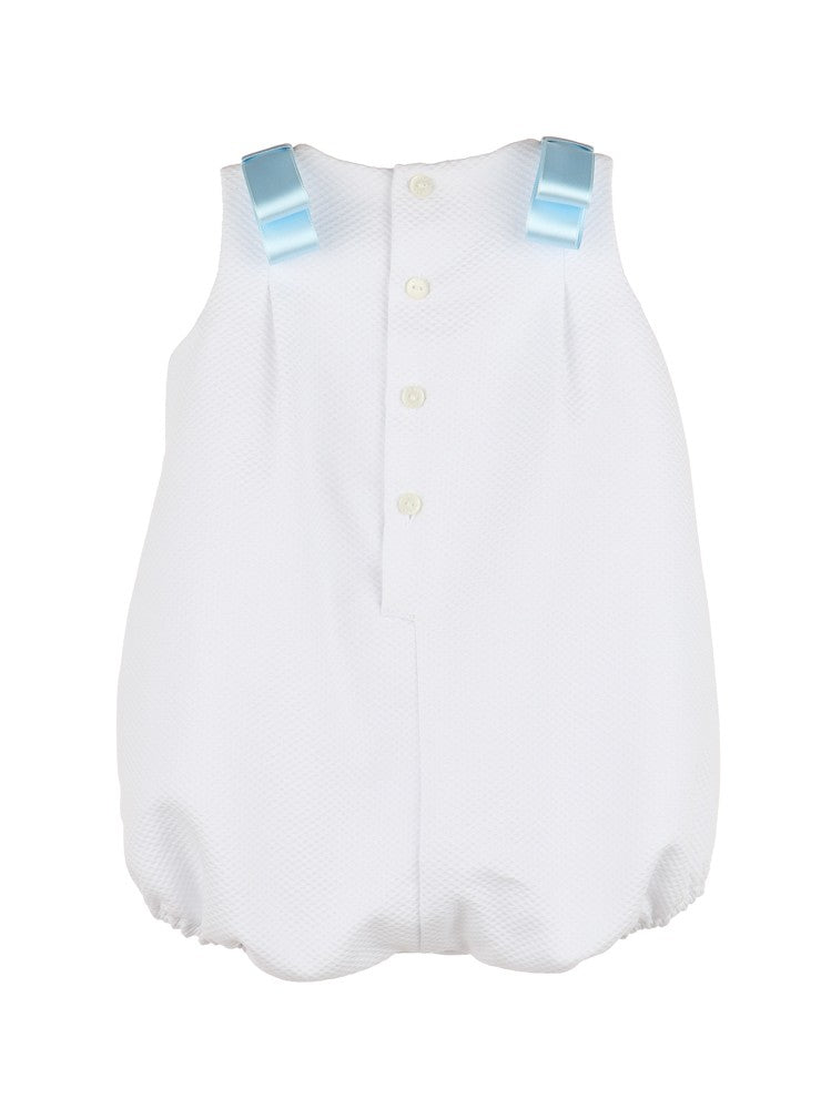 Luli & Me Baby Girls Timeless Treasures Bubble - White Pique with Blue Embroidery & Bows at Shoulders
