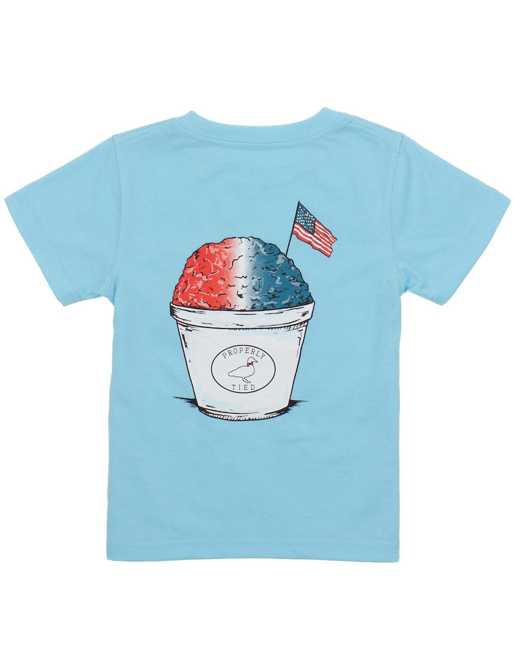Properly Tied T-Shirt - Logo Pocket on Front - Graphic on Back - Patriotic Flag Snow Cone on Aqua Blue