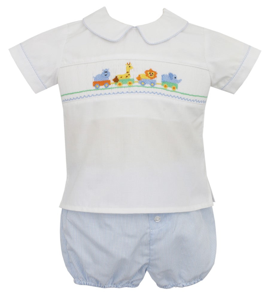 Anavini Baby Boys Blue Check Smocked Animal Parade Diaper Set