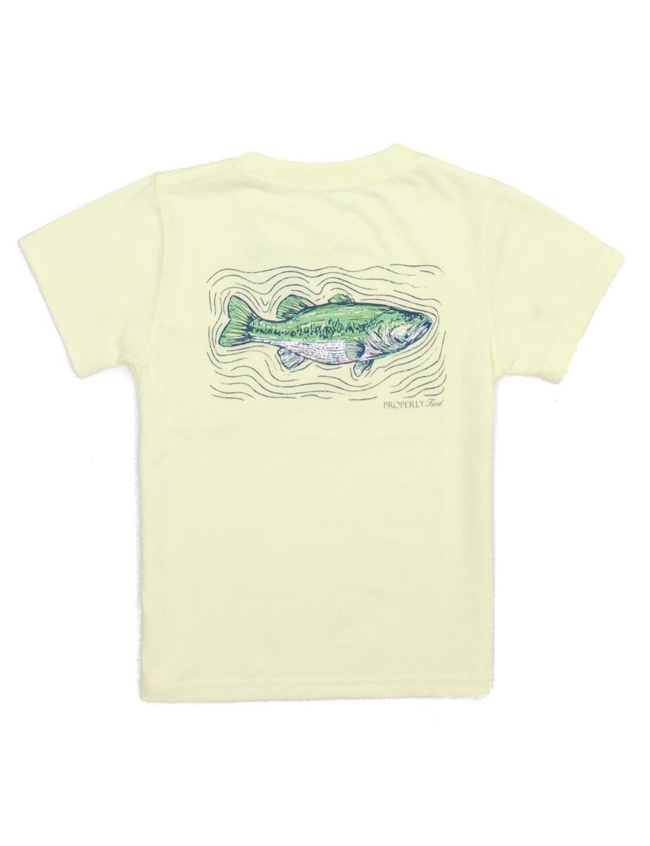 Properly Tied T-Shirt - Logo Pocket - Back Graphic - Spotted Bass Fish on Light Yellow - Short Sleeves by Properly Tied