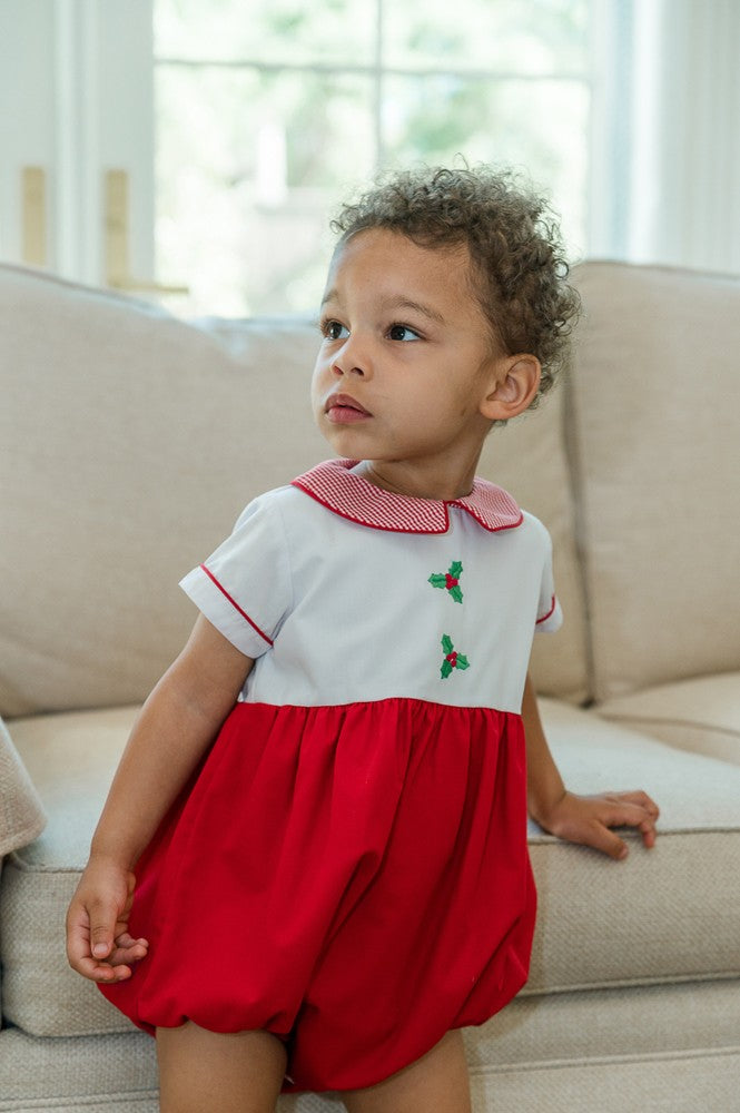 Proper Peony Baby Boys Red Holiday Holly Bubble with Gingham Collar
