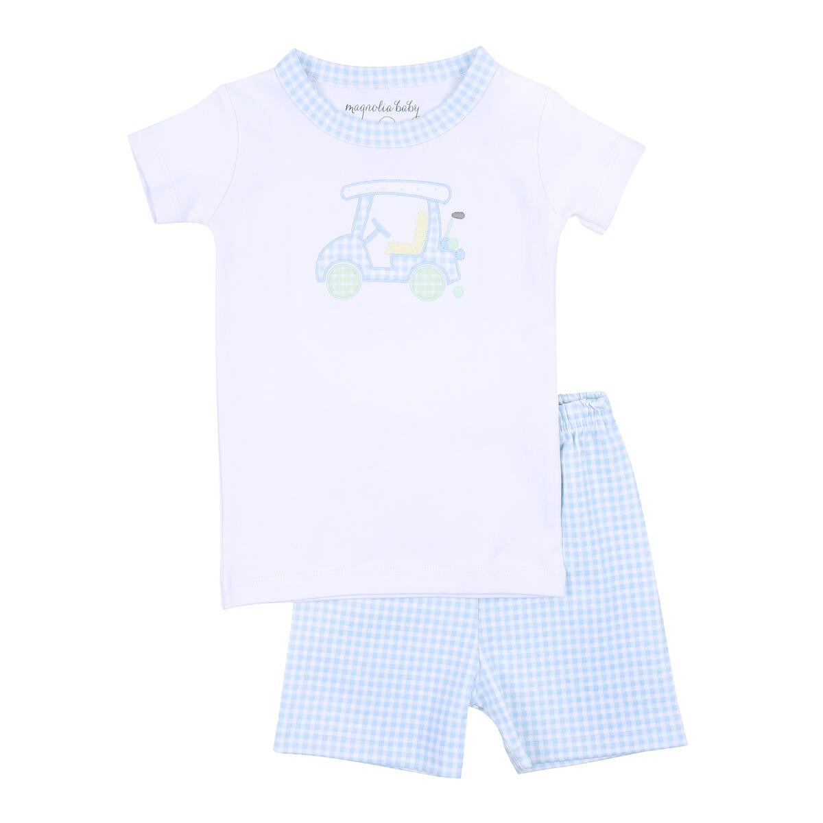 Magnolia Baby Boys Blue Gingham Little Golf Caddie Applique Short Pajamas