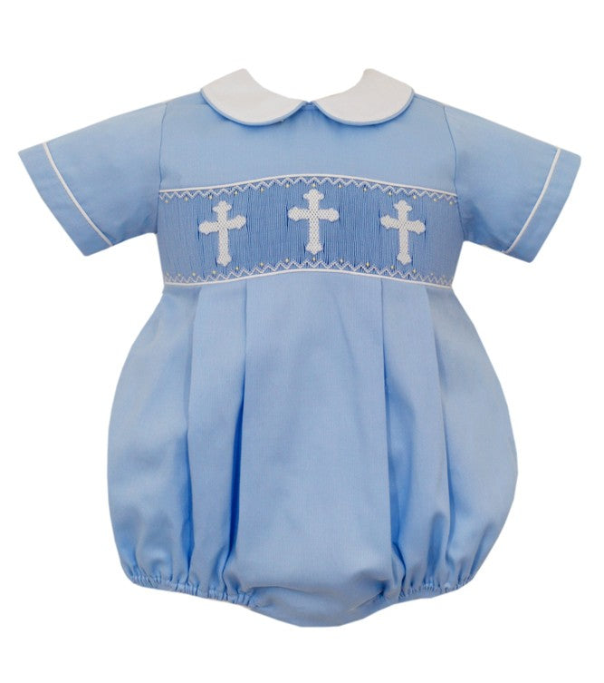 Anavini Baby Boys Blue Pique Bubble - Smocked Crosses - White Collar