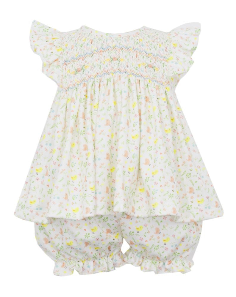 Petit Bebe Knits Girls Yellow Chicks & Birds Smocked Bloomers Set