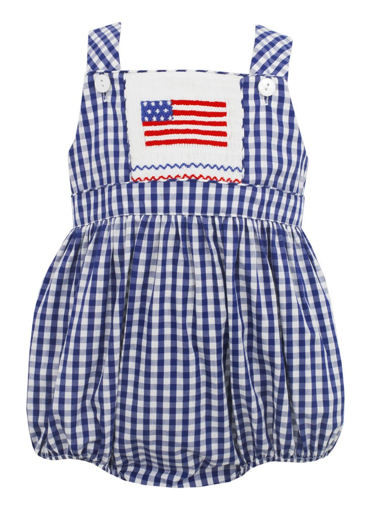 Anavini Baby Girls Royal Blue Check Smocked Flag Bubble