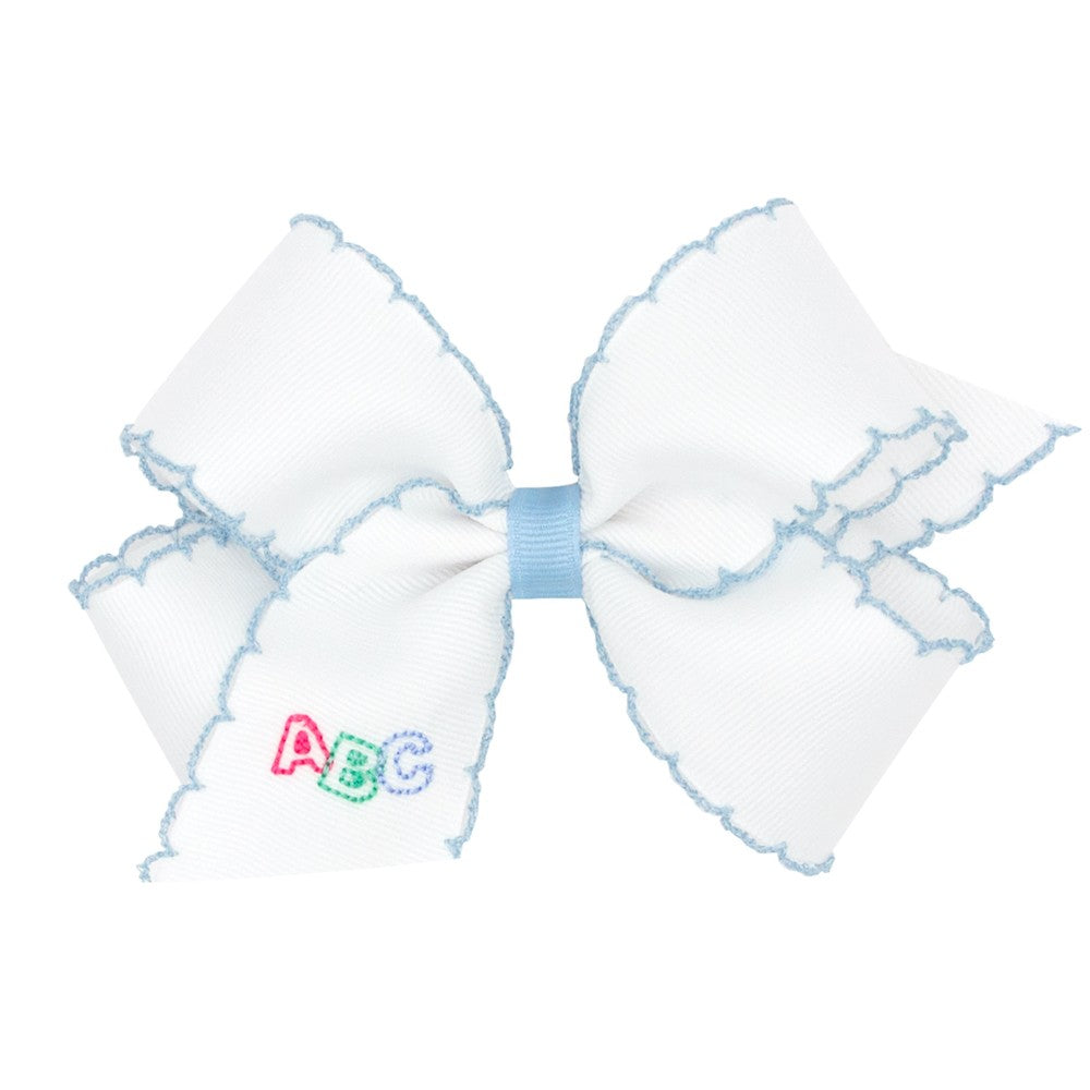 Wee Ones Girls Hair Bow - Embroidery ABC - White with Millenium Blue Moonstitch