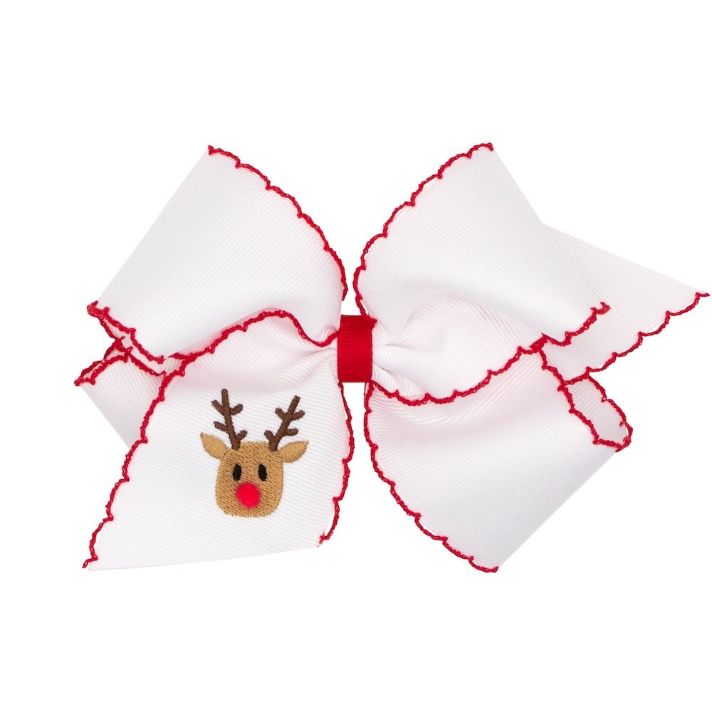 Wee Ones Girls Hair Bow on Clip - White with Embroidered Reindeer by Wee Ones