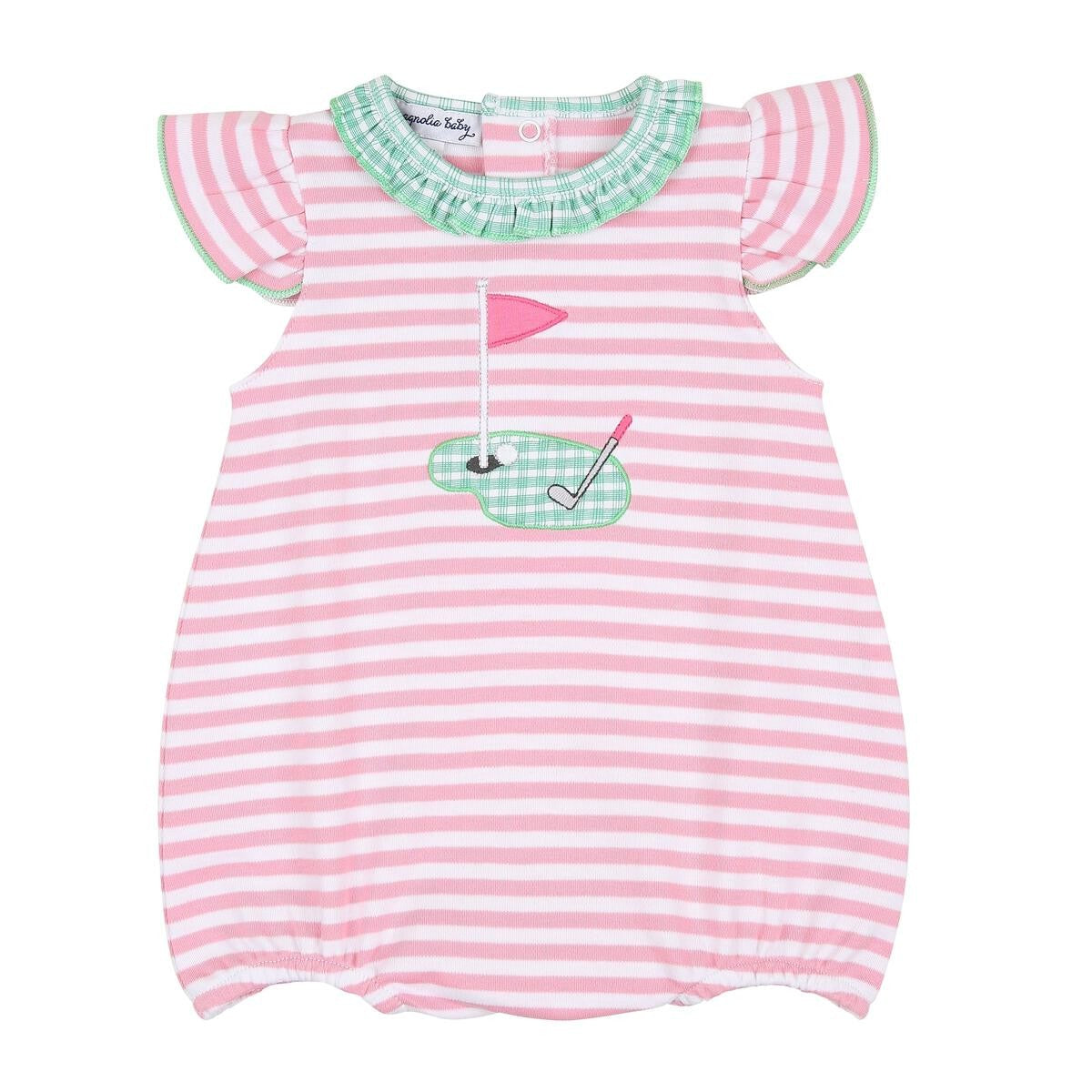 Magnolia Baby Girls Pink Striped Hole in One Golf Applique Flutters Bubble