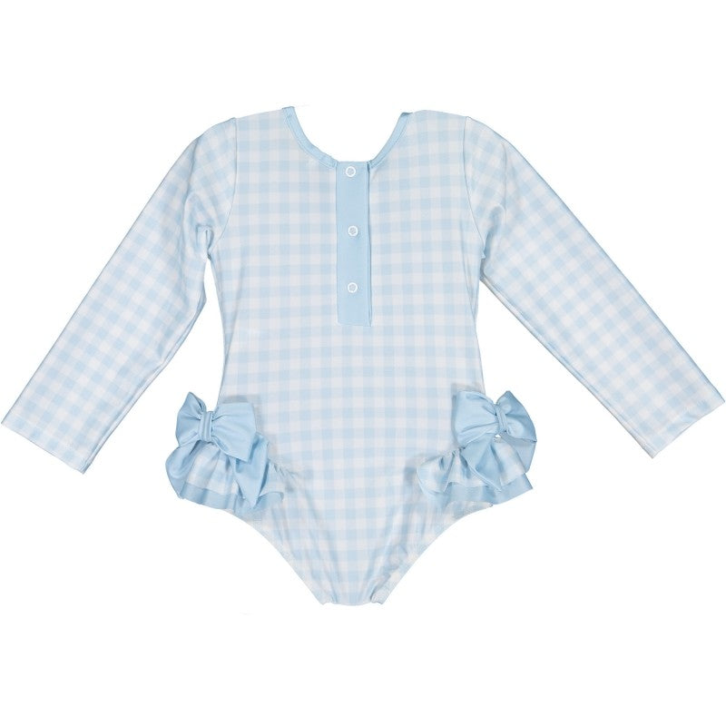 Sal & Pimenta Girls Long Sleeve Rash Guard One Piece Swimsuit with Bows - Blue Gingham