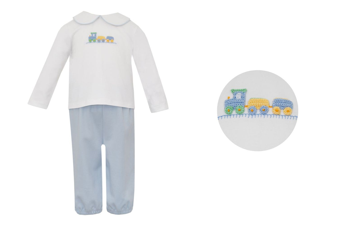 Petit Bebe Knits Baby Boys Crochet Train Shirt with Blue Pants