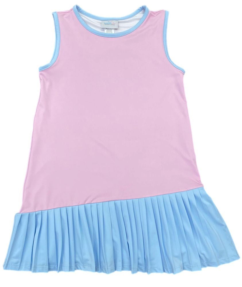 James & Lottie Girls Vivi Tennis Dress - Pink with Blue Pleats