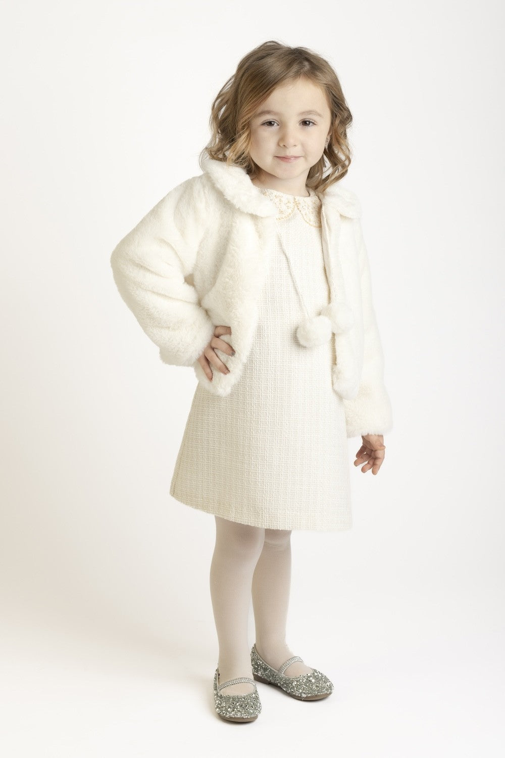 Luli & Me Girls Ivory Cozy Fuzzy Faux Fur Coat - Pom Poms