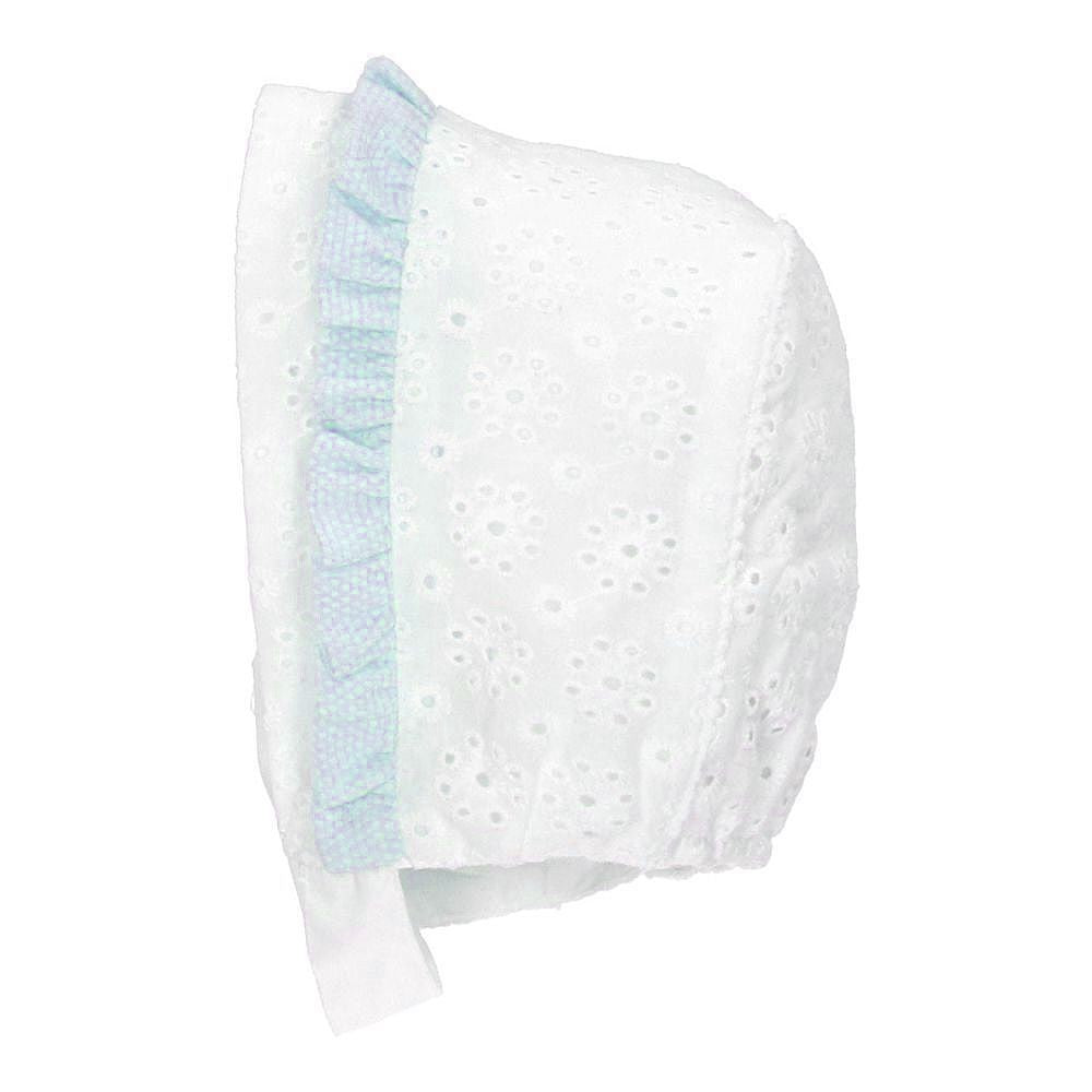Martin Aranda Baby Girls White Eyelet Bonnet Hat - Blue Trim