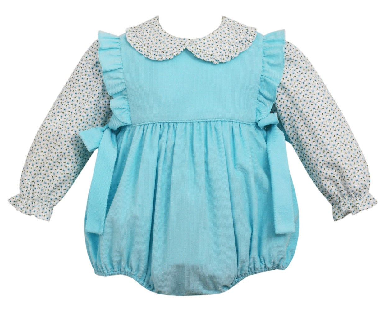 Petit Bebe Baby Girls Aqua Corduroy Bubble with Bows - Floral Blouse by Petit Bebe