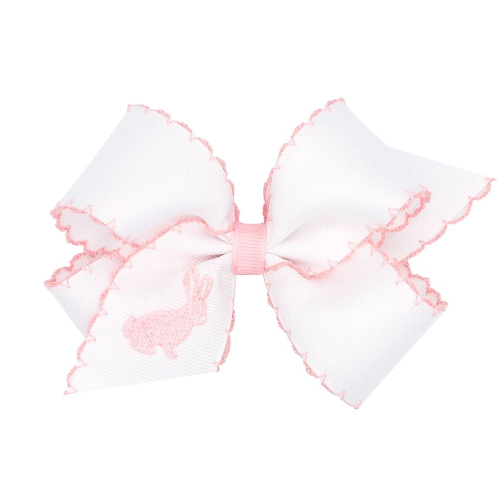 Wee Ones Girls Novelty Hair Bow - Moonstitch White with Pink - Embroidered Bunny Profile