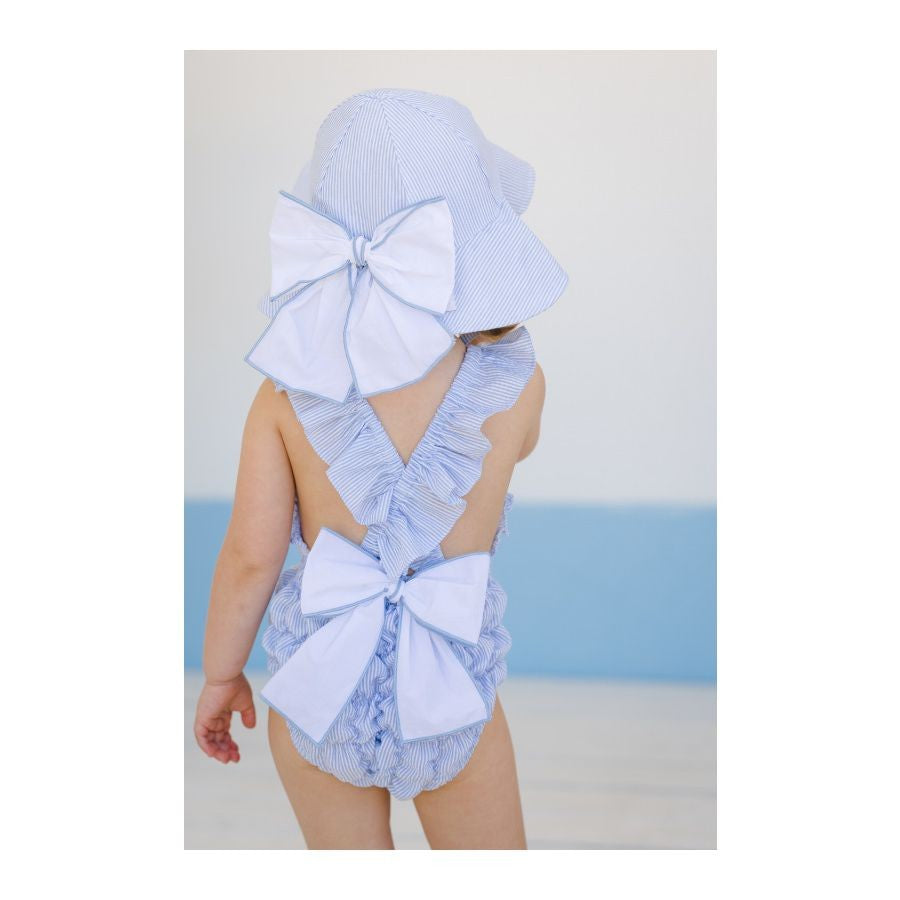 Sal & Pimenta Girls Seersucker Frilled Swimsuit - Embroidered Bow & Bow on Back - Blue