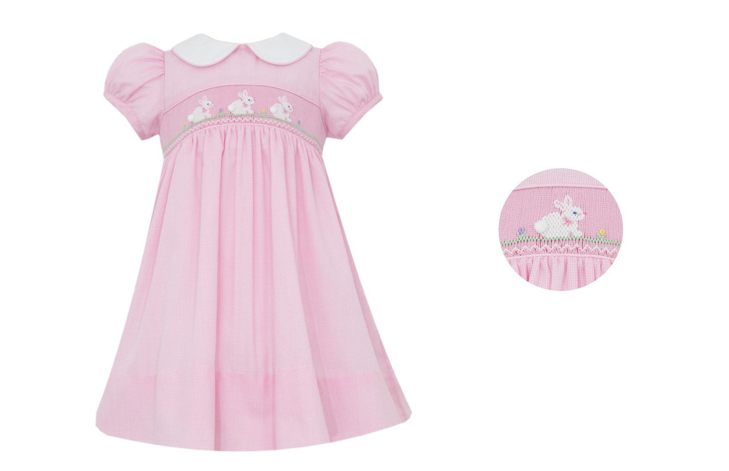 Petit Bebe Girls Pink Micro Check Dress - Smocked White Bunnies