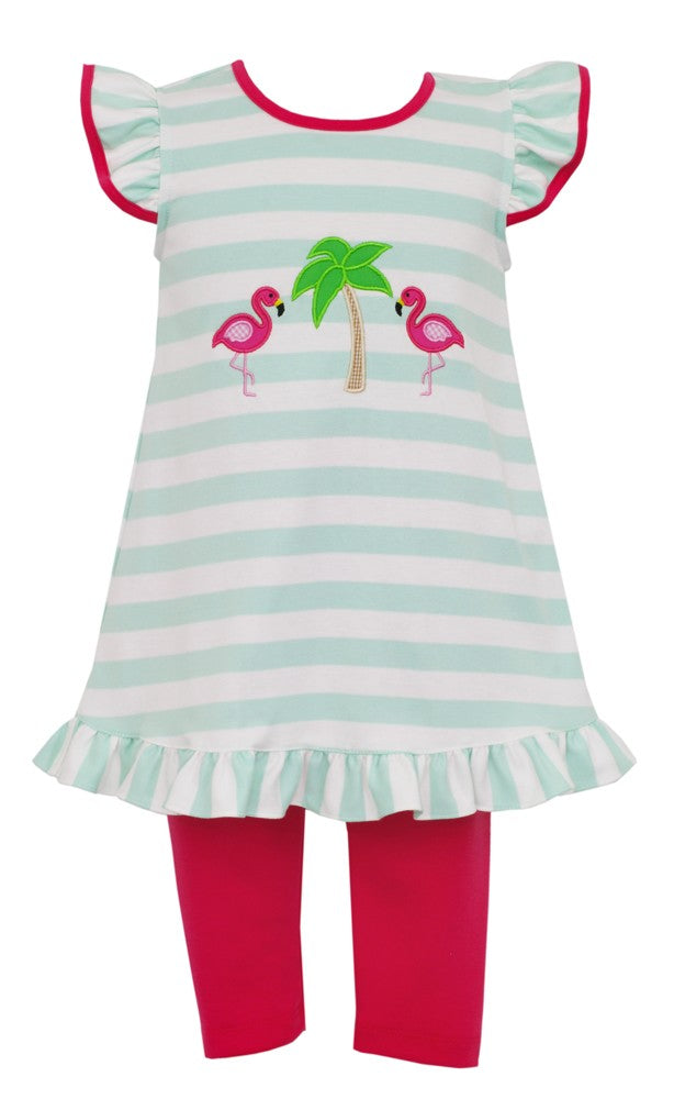 Claire & Charlie Girls Mint Stripe Flamingo Tunic with Pink Leggings