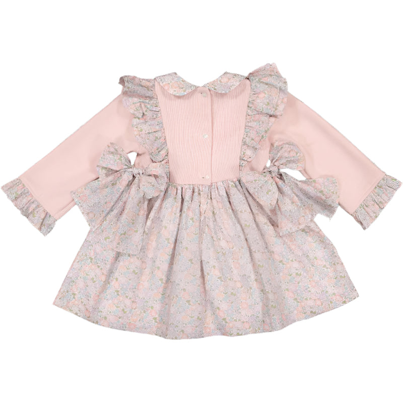 Sal & Pimenta Girls Dress - Pink Knit Tuilleries Liberty Print Pinafore with Bows by Sal & Pimenta
