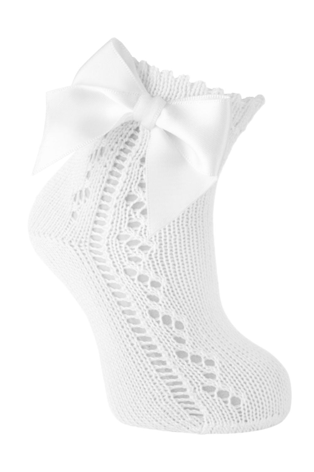 Carlomagno Socks - Girls Scottish Yarn Open Work Ankle Socks - Attached Bow - White