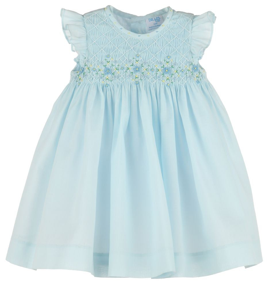 Luli & Me Girls Classical Diamond Smocked Dress - Flutter Sleeves - Blue