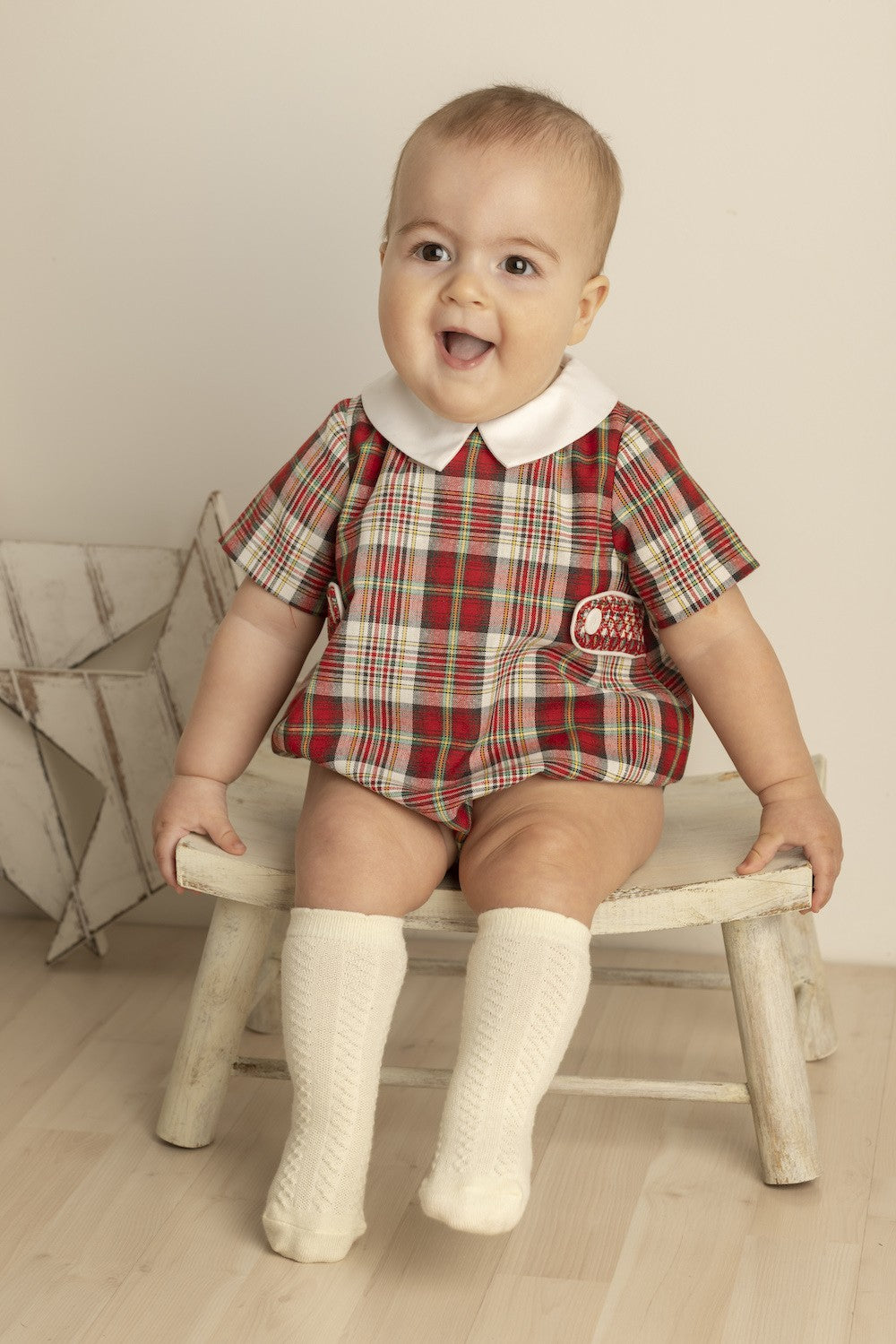 Luli & Me Baby Boys Bubble - Red Stewart Holiday Plaid - Smocked Tabs