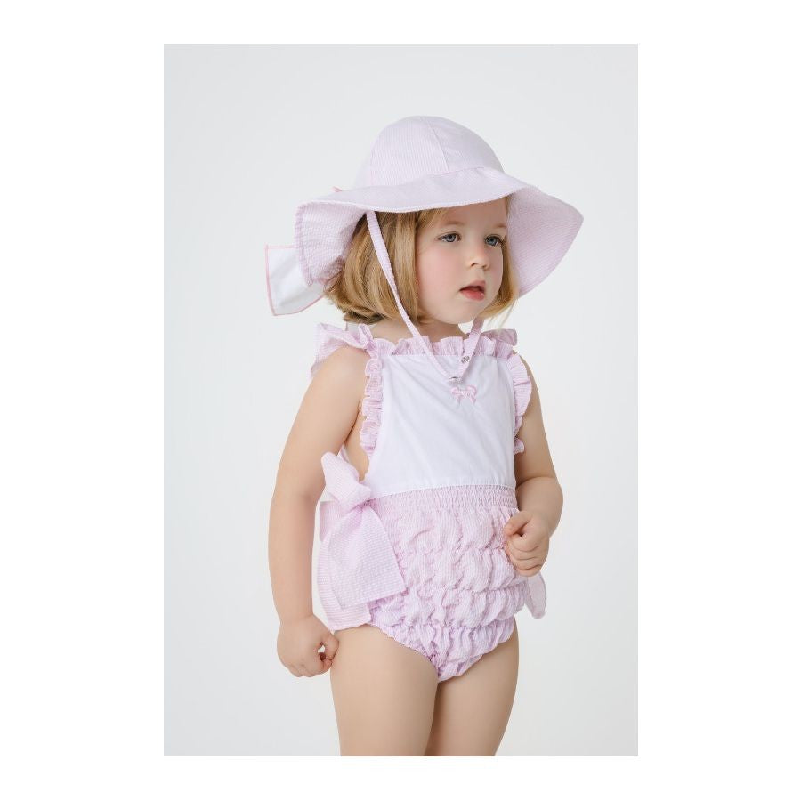 Sal & Pimenta Girls Pink Seersucker Frilled Swimsuit - Embroidered Bow & Bows at Hips