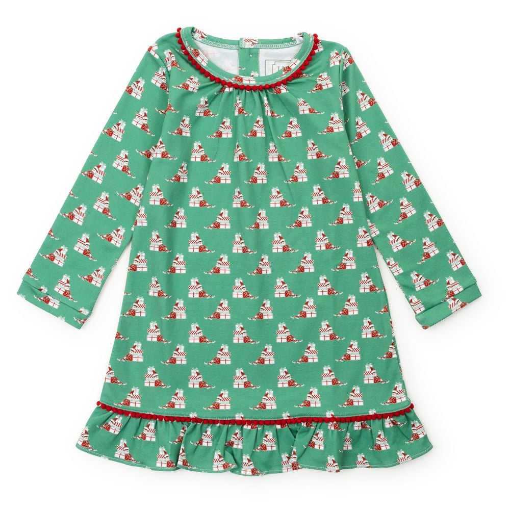 Lila & Hayes Girls Carlin Nightgown - Green Santa's Helper Elf
