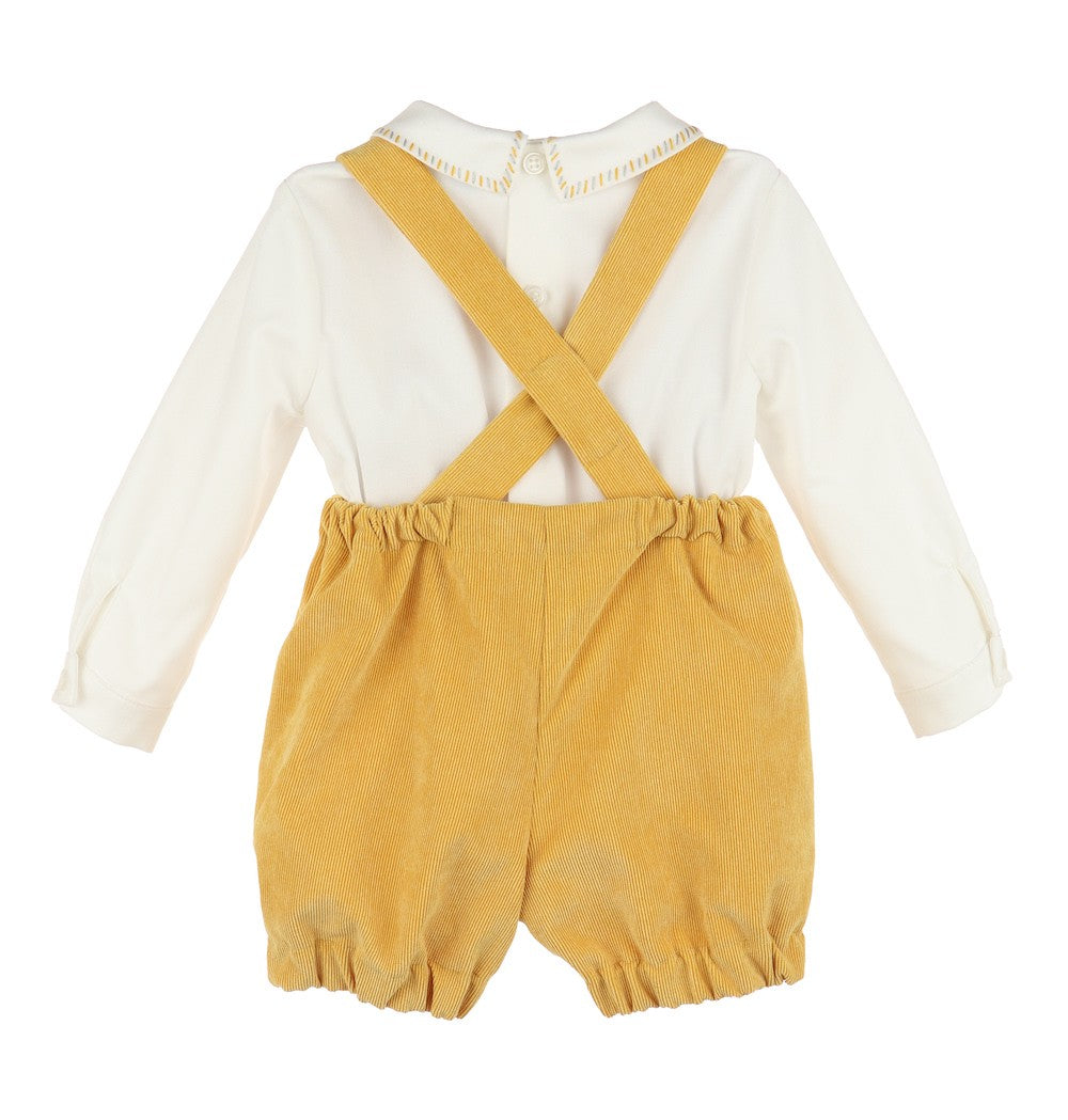Luli & Me Boys Mustard Yellow Suspender Shorts Set with Shirt by Luli & Me