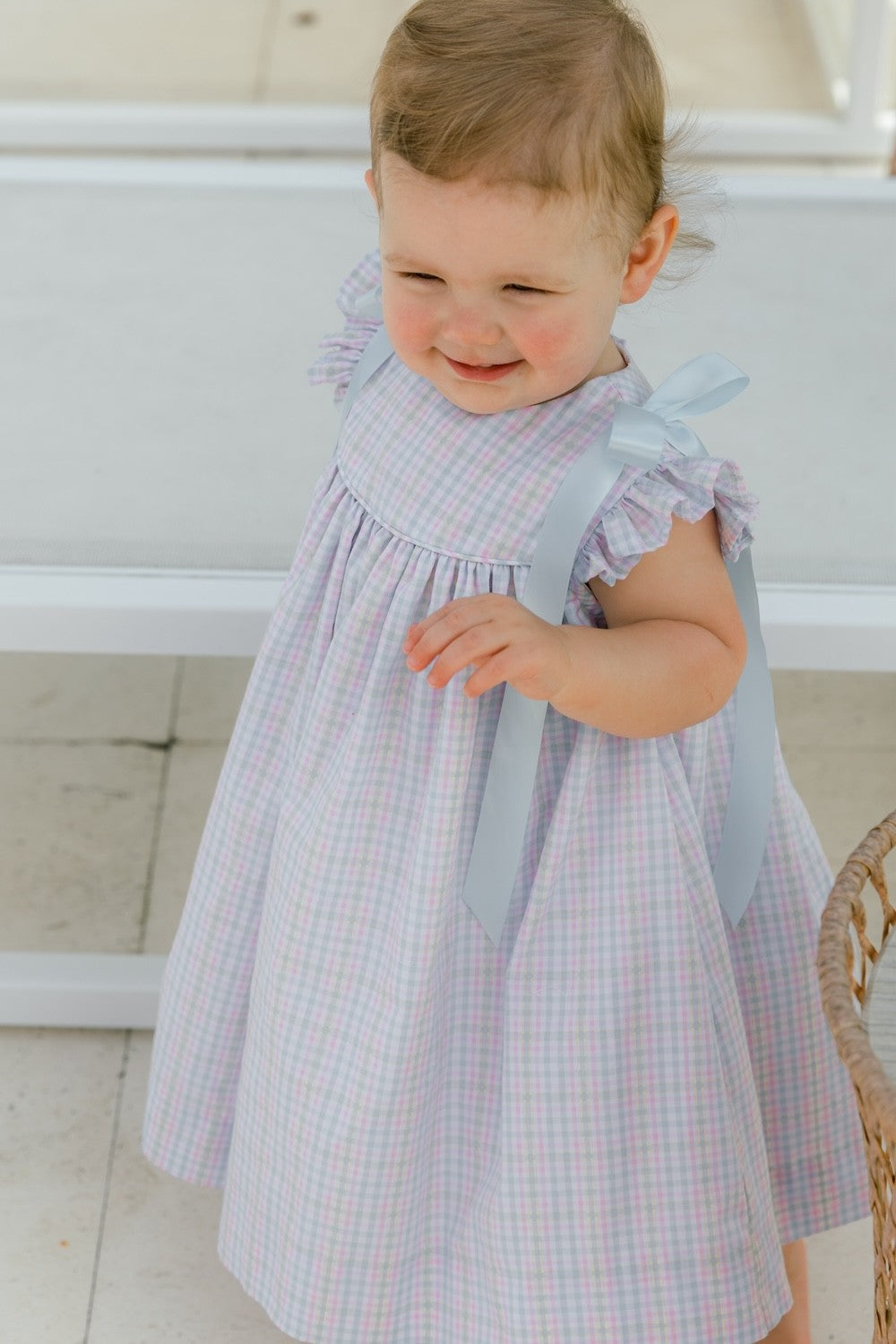 Bailey Boys Girls Float Dress - Primrose Plaid - Blue Bows at Shoulders