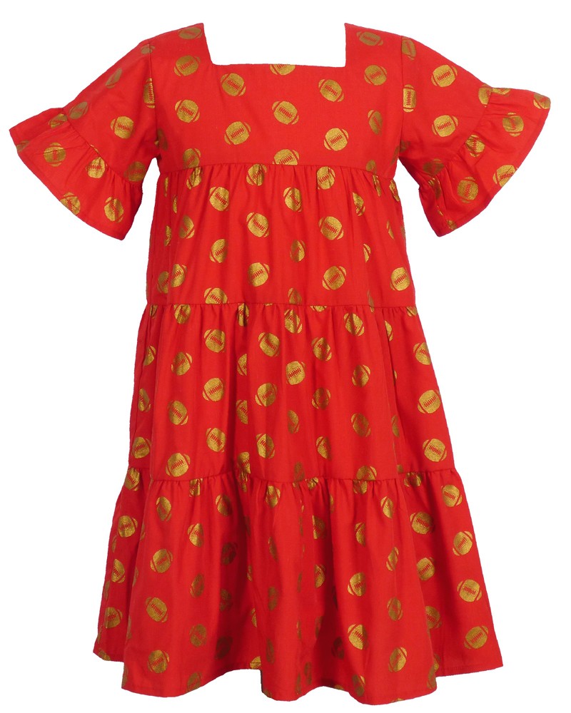 Yellow Lamb Girls Game Day Tiered Dress - Gold Footballs - Red