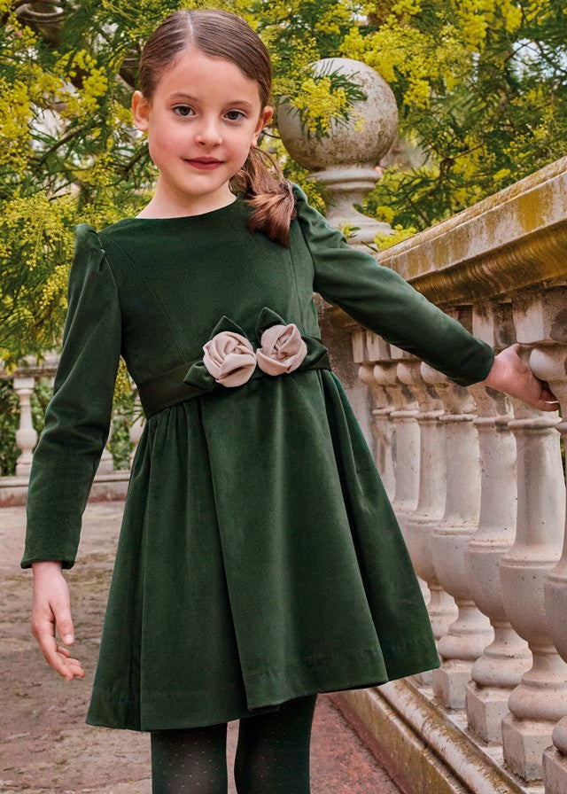 Abel & Lula Girls Velvet Christmas Dress - Roses at Waist - Green