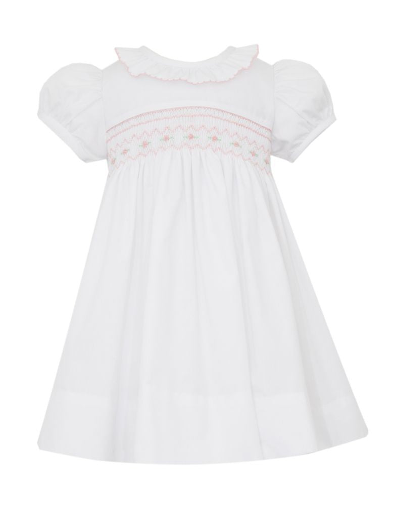 Petit Bebe Girls White Poplin Bianca Smocked Dress - Ruffle Collar