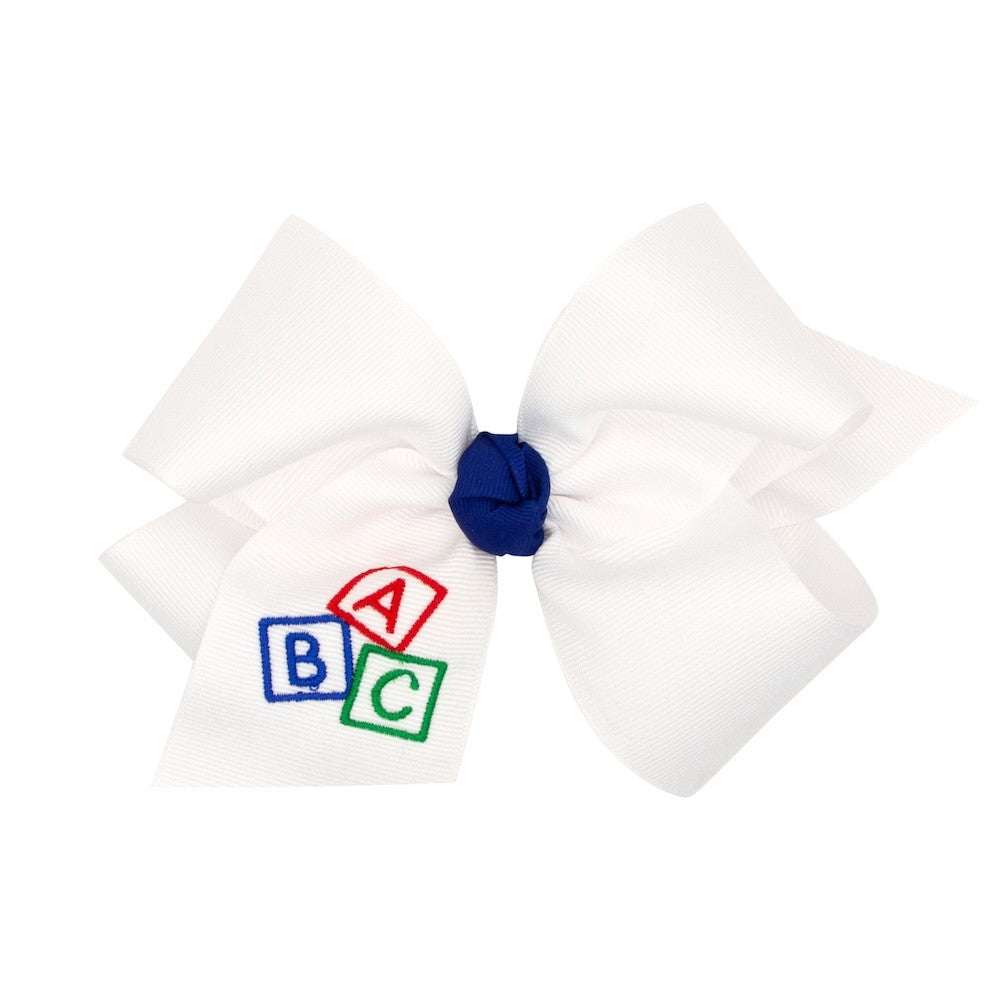 Wee Ones Girls Hair Bow on Clip - White with Embroidery ABC Blocks