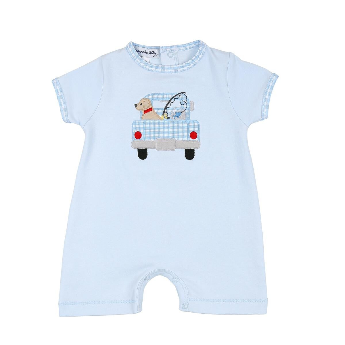 Magnolia Baby Boys Blue Fresh Caught Fishing Dog Applique Short Playsuit
